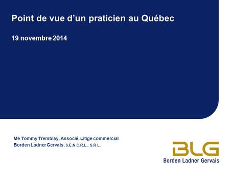 Point de vue d’un praticien au Québec 19 novembre 2014 Me Tommy Tremblay, Associé, Litige commercial Borden Ladner Gervais, S.E.N.C.R.L., S.R.L.