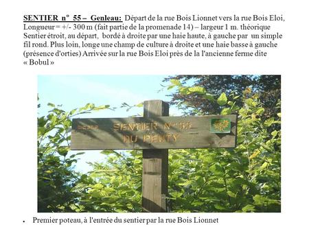 SENTIER n° 55 – Genleau: Départ de la rue Bois Lionnet vers la rue Bois Eloi, Longueur = +/- 300 m (fait partie de la promenade 14) – largeur 1 m. théorique.