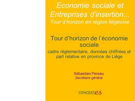Economie sociale et Entreprises d’insertion... Tour d’horizon en région liégeoise Tour d’horizon de l’économie sociale cadre réglementaire, données chiffrées.