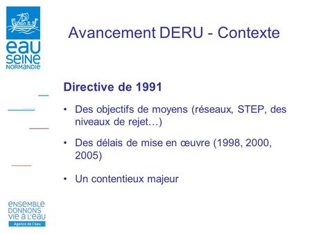Avancement DERU - Contexte Directive de 1991 Des objectifs de moyens (réseaux, STEP, des niveaux de rejet…) Des délais de mise en œuvre (1998, 2000, 2005)