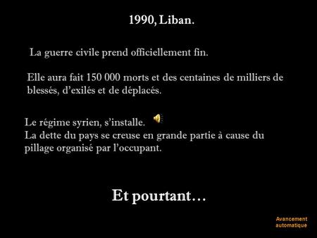 1990, Liban. Elle aura fait 150 000 morts et des centaines de milliers de blessés, d'exilés et de déplacés. Le régime syrien, s’installe. La dette du.
