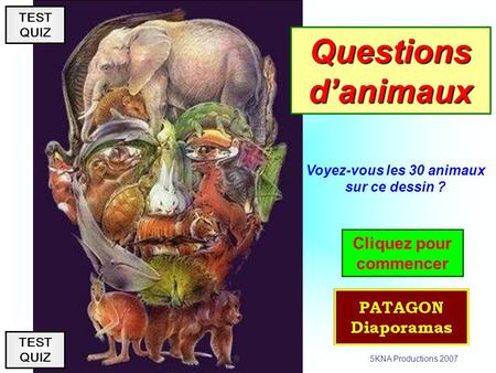 Cliquez pour commencer 5KNA Productions 2007 Voyez-vous les 30 animaux sur ce dessin ? Questions d’animaux TEST QUIZ.