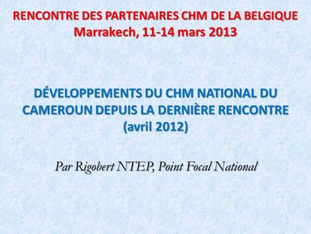 RENCONTRE DES PARTENAIRES CHM DE LA BELGIQUE Marrakech, 11-14 mars 2013 DÉVELOPPEMENTS DU CHM NATIONAL DU CAMEROUN DEPUIS LA DERNIÈRE RENCONTRE (avril.