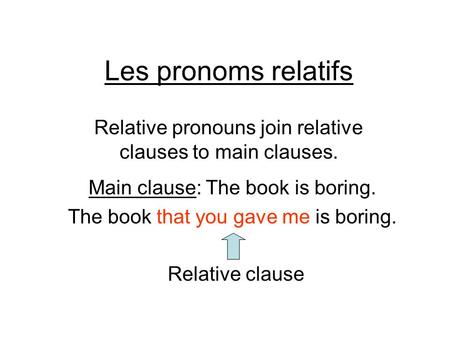 Les pronoms relatifs Relative pronouns join relative clauses to main clauses. Main clause: The book is boring. The book that you gave me is boring. Relative.