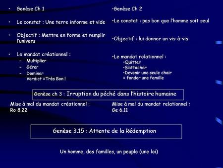 Genèse Ch 1 Le constat : Une terre informe et vide Objectif : Mettre en forme et remplir l’univers Le mandat créationnel : –Multiplier –Gérer –Dominer.