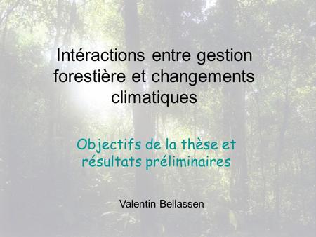 Intéractions entre gestion forestière et changements climatiques Objectifs de la thèse et résultats préliminaires Valentin Bellassen.