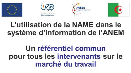 L’utilisation de la NAME dans le système d’information de l’ANEM Un référentiel commun pour tous les intervenants sur le marché du travail.