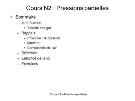 Cours N2 : Pressions partielles