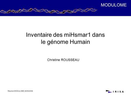 Réunion MODULOME 28/05/2008 Christine ROUSSEAU Inventaire des miHsmar1 dans le génome Humain MODULOME.