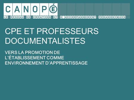 CPE ET PROFESSEURS DOCUMENTALISTES VERS LA PROMOTION DE L’ÉTABLISSEMENT COMME ENVIRONNEMENT D’APPRENTISSAGE.