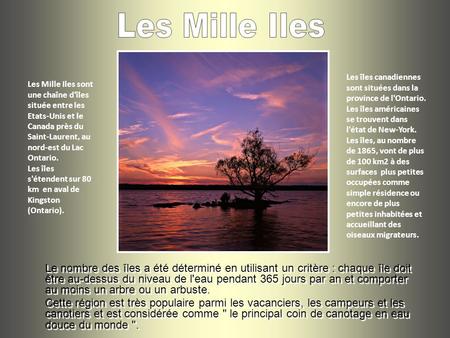 Les Mille Iles Les Mille Iles sont une chaîne d'îles située entre les Etats-Unis et le Canada près du Saint-Laurent, au nord-est du Lac Ontario. Les îles.
