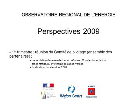 OBSERVATOIRE REGIONAL DE L’ENERGIE Perspectives 2009 - 1 er trimestre : réunion du Comité de pilotage (ensemble des partenaires) ; - présentation des axes.