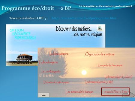Travaux réalisés en ODP3 :  1-1 Les métiers et le contexte professionnel Programme éco/droit 2 BP.