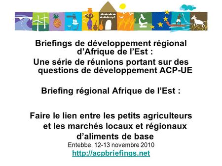 Briefings de développement régional d’Afrique de l’Est : Une série de réunions portant sur des questions de développement ACP-UE Briefing régional Afrique.