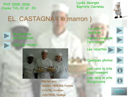 PPCP 2005-2006 EL CASTAGNA ( le marron ) Classe TAL 2C et 2D Réalisé par: GOMES PEREIRA Fatima CHATEL Aurélien CANTEREL Nadège Les recettes Quelques photos.