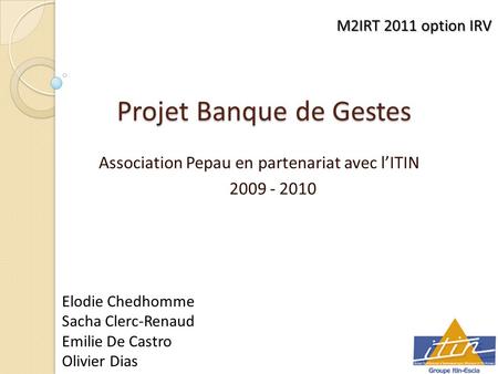 Projet Banque de Gestes Association Pepau en partenariat avec l’ITIN 2009 - 2010 M2IRT 2011 option IRV Elodie Chedhomme Sacha Clerc-Renaud Emilie De Castro.