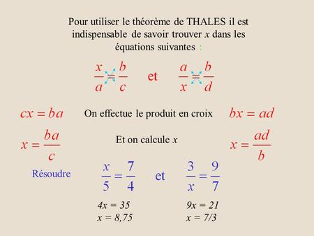 Pour utiliser le théorème de THALES il est indispensable de savoir trouver x dans les équations suivantes : On effectue le produit en croix Et on calcule.