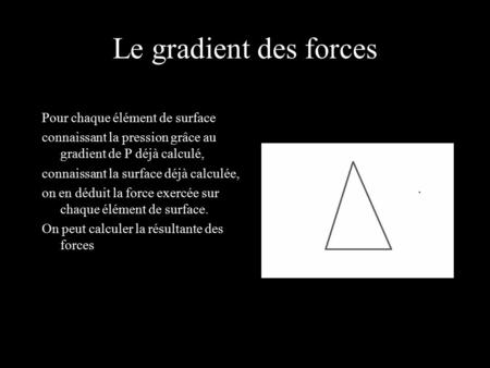 Le gradient des forces Pour chaque élément de surface connaissant la pression grâce au gradient de P déjà calculé, connaissant la surface déjà calculée,