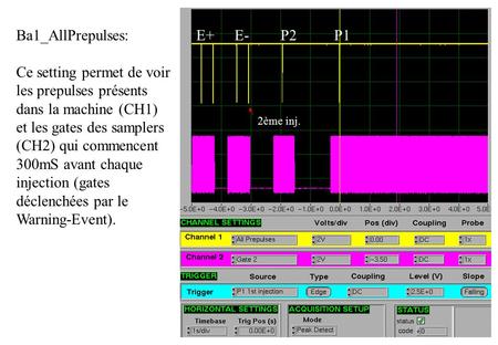 Ba1_AllPrepulses: Ce setting permet de voir les prepulses présents dans la machine (CH1) et les gates des samplers (CH2) qui commencent 300mS avant chaque.