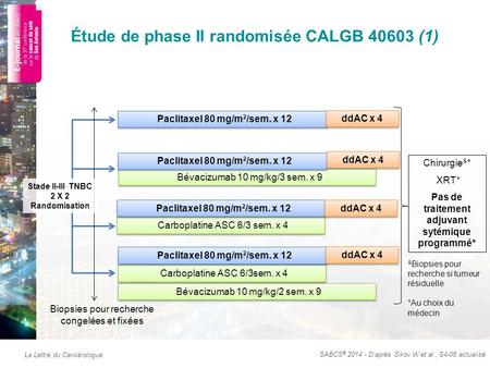 La Lettre du Cancérologue Étude de phase II randomisée CALGB 40603 (1) Paclitaxel 80 mg/m 2 /sem. x 12 ddAC x 4 Bévacizumab 10 mg/kg/3 sem. x 9 Bévacizumab.