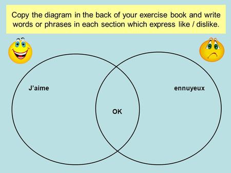 Copy the diagram in the back of your exercise book and write words or phrases in each section which express like / dislike. J’aimeennuyeux OK.