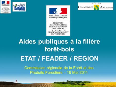 Aides publiques à la filière forêt-bois ETAT / FEADER / REGION Commission régionale de la Forêt et des Produits Forestiers – 19 Mai 2011.