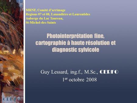 Photointerprétation fine, cartographie à haute résolution et diagnostic sylvicole Guy Lessard, ing.f., M.Sc., CERFO 1 er octobre 2008 MRNF, Comité d’arrimage.
