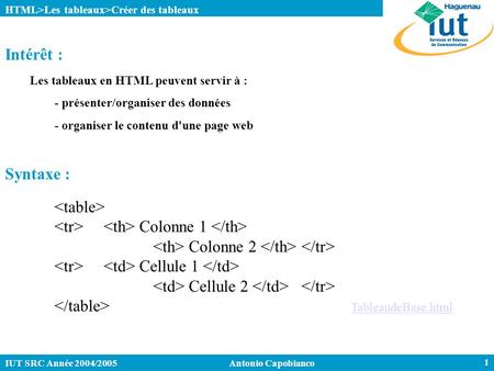 IUT SRC Année 2004/2005Antonio Capobianco 1 HTML>Les tableaux>Créer des tableaux Intérêt : Les tableaux en HTML peuvent servir à : - présenter/organiser.