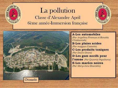 La pollution Classe d’Alexandre April 6ème année-Immersion française A-Les automobiles (Par Angelina Fireman et Ronetta Chiskamish) B-Les pluies acides.