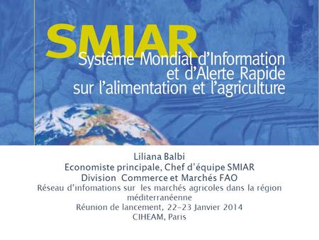Liliana Balbi Economiste principale, Chef d’équipe SMIAR Division Commerce et Marchés FAO Réseau d’infomations sur les marchés agricoles dans la région.