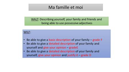 Ma famille et moi WALT: Describing yourself, your family and friends and being able to use possessive adjectives WILF: Be able to give a basic description.