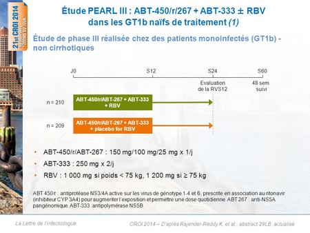 La Lettre de l’infectiologue Étude PEARL III : ABT-450/r/267 + ABT-333 ± RBV dans les GT1b naïfs de traitement (1) ABT-450/r/ABT-267 : 150 mg/100 mg/25.