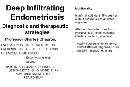 Deep Infiltrating Endometriosis Diagnostic and therapeutic strategies Professor Charles Chapron, ENDOMETRIOSIS IS DEFINED BY THE PRESENCE OUTSIDE OF THE.