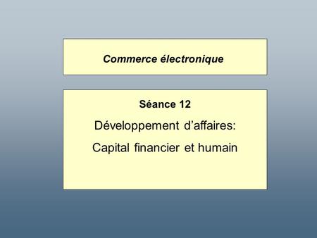 Séance 12 Développement d’affaires: Capital financier et humain Commerce électronique.