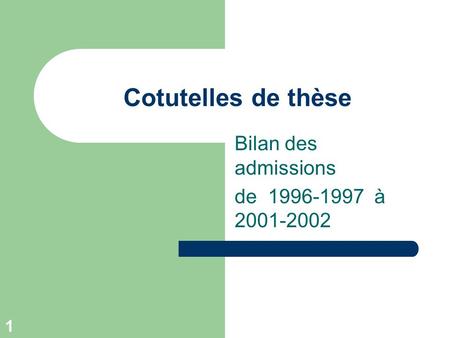1 Cotutelles de thèse Bilan des admissions de 1996-1997 à 2001-2002.