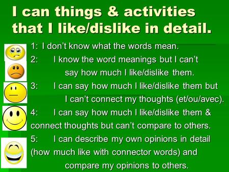 I can things & activities that I like/dislike in detail. 1: I don’t know what the words mean. 2:I know the word meanings but I can’t say how much I like/dislike.