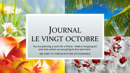 J OURNAL LE VINGT OCTOBRE You are planning a lunch for a friend. Make a shopping list and note where you are going to buy each item. (BE SURE TO TURN IN.