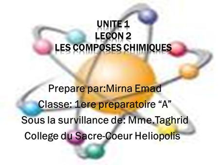 Prepare par:Mirna Emad Classe: 1ere preparatoire “A” Sous la survillance de: Mme.Taghrid College du Sacre-Coeur Heliopolis.