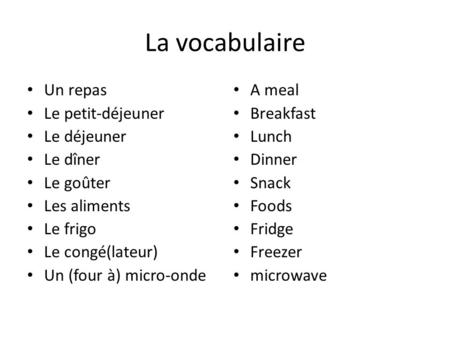 La vocabulaire Un repas Le petit-déjeuner Le déjeuner Le dîner