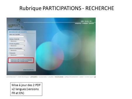 Rubrique PARTICIPATIONS - RECHERCHE Mise à jour des 2 PDF x2 langues (versions FR et EN)