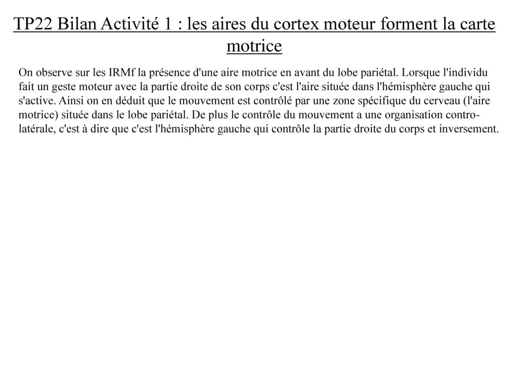 Tp22 Bilan Activite 1 Les Aires Du Cortex Moteur Forment La Carte Motrice On Observe Sur Les Irmf La Presence D Une Aire Motrice En Avant Du Lobe Parietal Ppt Telecharger