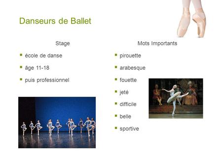 Danseurs de Ballet Stage  école de danse  âge 11-18  puis professionnel Mots Importants  pirouette  arabesque  fouette  jeté  difficile  belle.