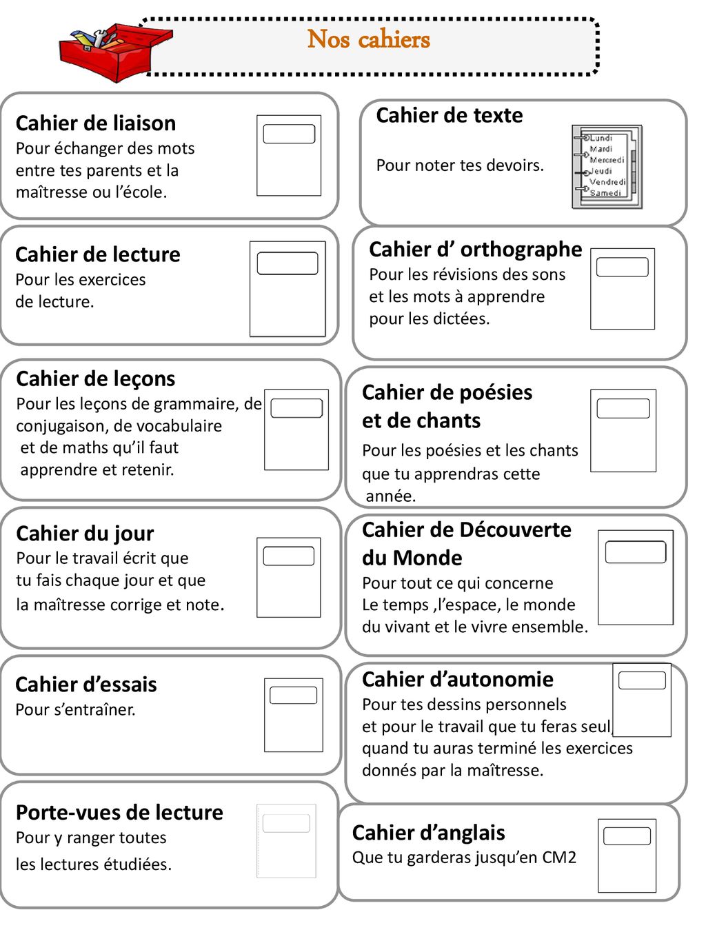 Cahier de devoirs - Page vocabulaire