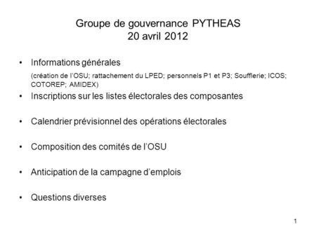 Groupe de gouvernance PYTHEAS 20 avril 2012