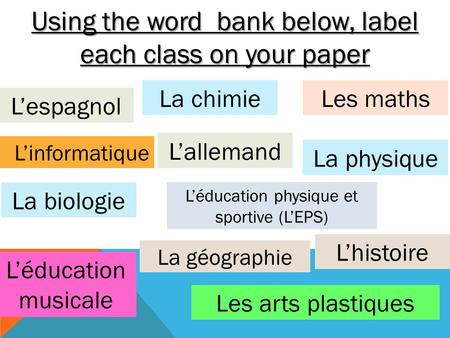 Using the word bank below, label each class on your paper