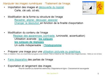 Manipuler les images numériques : Traitement de l’image.  1 Importation des images et découverte du logicieldécouverte du logiciel Carte,