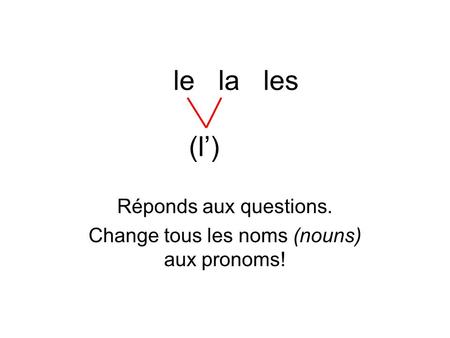 Lelales (l’) Réponds aux questions. Change tous les noms (nouns) aux pronoms!