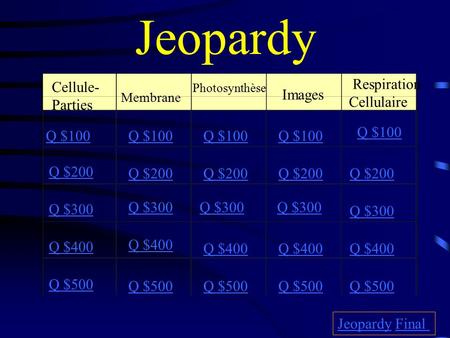 Jeopardy Cellule- Parties Membrane Photosynthèse Images Respiration Cellulaire Q $100 Q $200 Q $300 Q $400 Q $500 Q $100 Q $200 Q $300 Q $400 Q $500 JeopardyJeopardy.