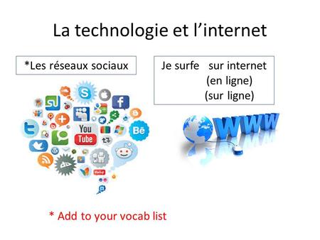 La technologie et l’internet *Les réseaux sociauxJe surfe sur internet (en ligne) (sur ligne) * Add to your vocab list.