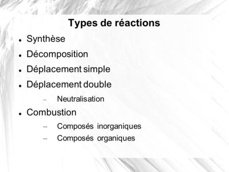 Types de réactions Synthèse Décomposition Déplacement simple